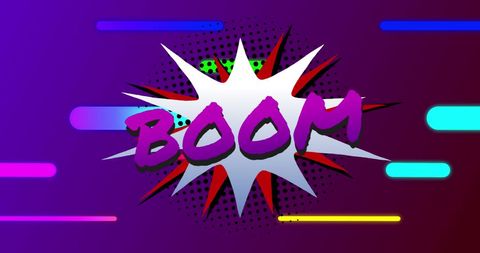 Colorful pop art boom text on purple background