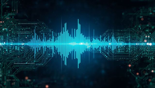 Glowing Cyan Audio Waveform on Digital Interface Circuit Background