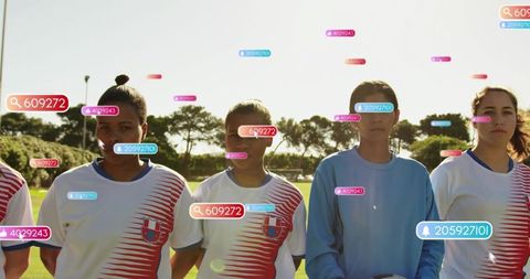 Female soccer players lining up with augmented reality data overlays showing performance stats