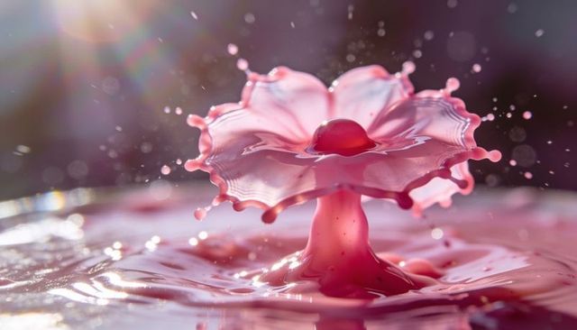 Pink liquid crown splash macro capturing floral milk drop collision with bokeh