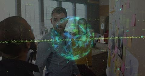 Team collaboration with hologram in modern office meeting