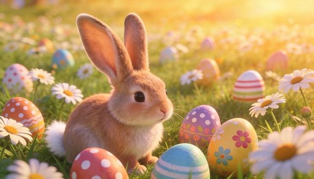 Fluffy brown bunny exploring daisy meadow among brightly decorated easter eggs at sunrise