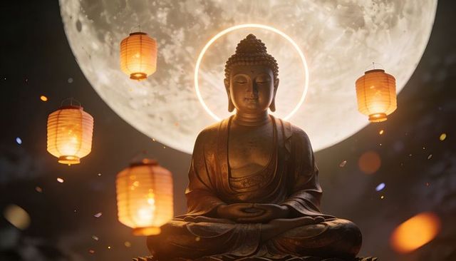 Bronze buddha statue under moon halo with floating lanterns and ember glow