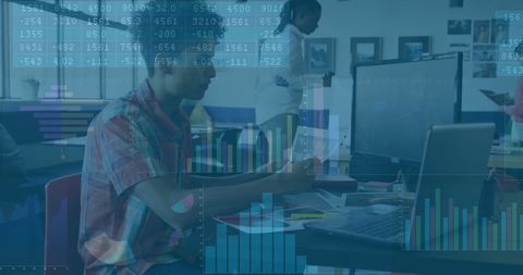 Diverse team collaborating on finance analysis in modern workspace