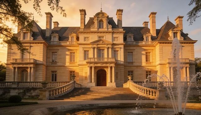 Neoclassical beaux-arts mansion basking in golden-hour light with fountain and grand staircase