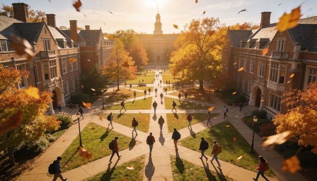 Sunlit autumn university quad with walking students on intersecting paths with tower
