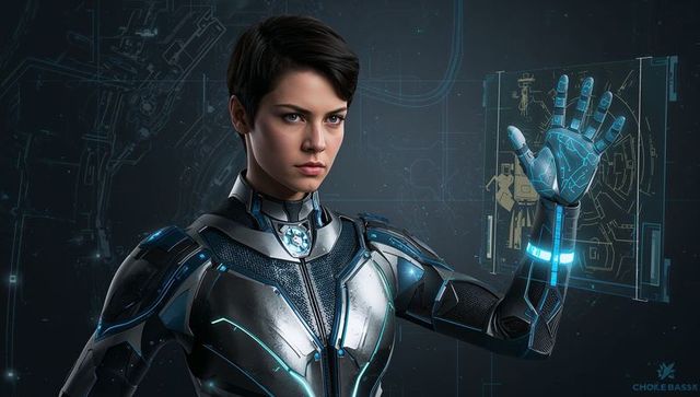 Female Cyborg Operator Touching Holographic Hand Interface in Futuristic Armored Exosuit
