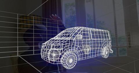 Man using vr headset viewing 3d van wireframe design at home