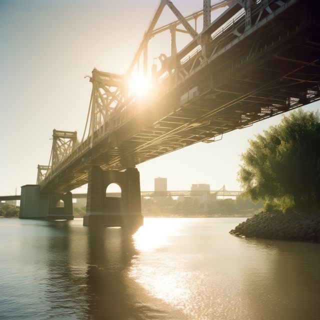 Bridge crossing river over sun and buildings, created using generative ai technology - Download Free Stock Photos Pikwizard.com