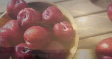 Vibrant Red Plums with Scenic Overlay Sun Setting