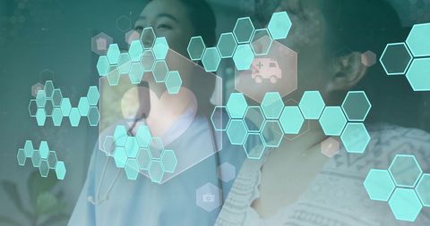 Digital Interface Overlay on Female Doctor and Patient in Healthcare Setting