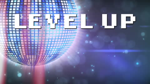Level Up Text Over Disco Ball with Light Effects