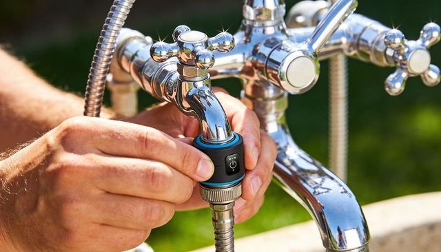 Attaching smart hose adapter to polished chrome garden faucet with hands
