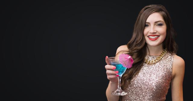 Digital composite of Woman with cocktail against dark grey background