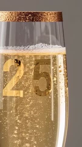 Vertical 25th Anniversary Champagne Flute Bubbling Close-Up with Gold Rim and Rising Bubbles