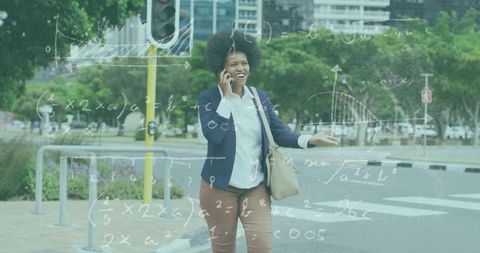 Professional woman walking across urban crosswalk talking on phone with math overlay