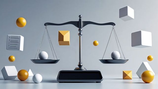 Balancing metallic scale with floating geometric shapes in minimalist design