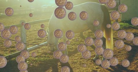 Pastoral Scene with Horse and Floating Coins in Tranquil Countryside