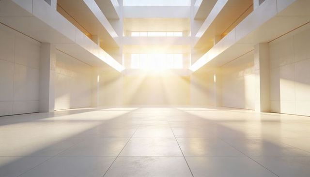 Sunlit Minimalist Atrium with Skylight and Drammatic Sunbeams Flooding Open Tiled Floor