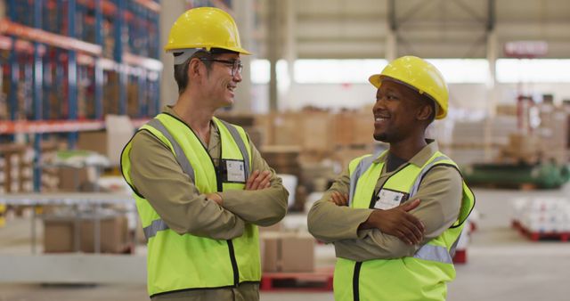 Portrait of diverse male workers wearing safety suits and smiling in warehouse. global business, shipping and delivery.