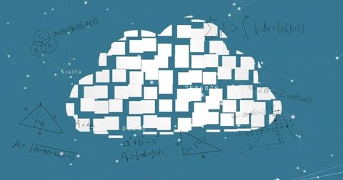 Floating cloud mosaic of tiles connecting math equations and network nodes for data learning