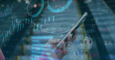 Businesswoman Analyzing Stock Market with Technological Overlay