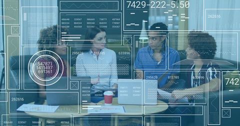 Business team discussing data-driven strategy with transparent HUD overlays during meeting