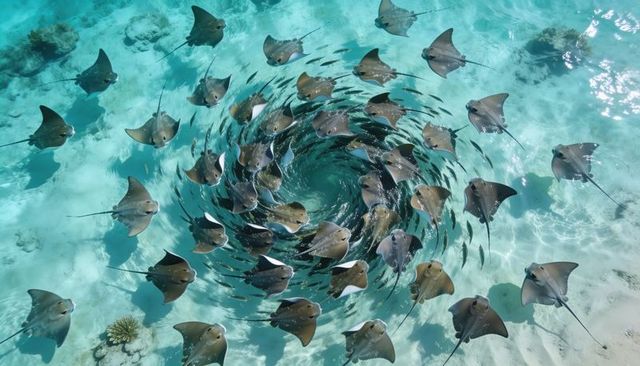 Eagle rays forming hypnotic spiral over shallow turquoise lagoon with coral heads