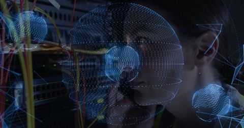 Female Technician Enhancing Network Connectivity with Digital Globes