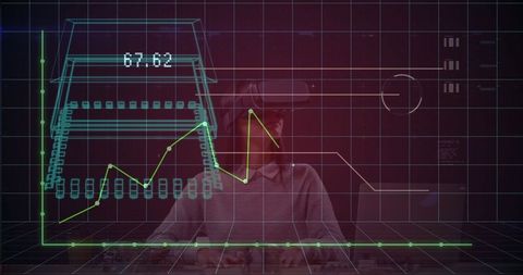 Woman Using VR Headset for Holographic Data Analysis