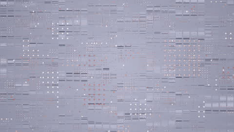 This animation features a digital matrix with white lines and various shapes moving over a gray background, symbolizing data processing and technological innovation. Suitable for use in presentations or videos about technology, global research, or data analysis themes.