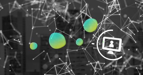 futuristic depiction of a digital network with interconnected icons against a blurred urban background. perfect for illustrating modern technology, digital communication, and innovative business solutions. use in digital marketing, tech presentations, or articles related to data and connectivity.
