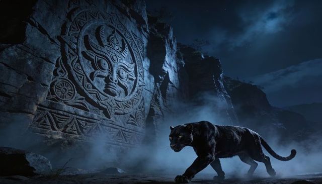Prowling black panther in moonlit canyon with ancient stone relief and misty cliff