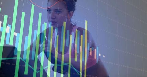 Indoor cycling workout with data visualization overlay showing performance metrics