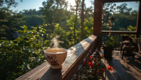 Steaming porcelain teacup resting on sunlit wooden porch railing overlooking treeline