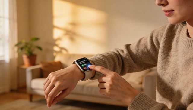Woman tapping smartwatch on wrist in sunlit cozy living room checking alarm and alerts