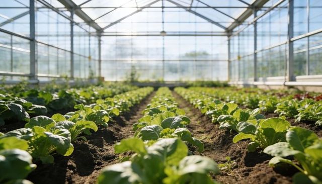 Sunlit greenhouse growing rows of young lettuce on raised soil beds