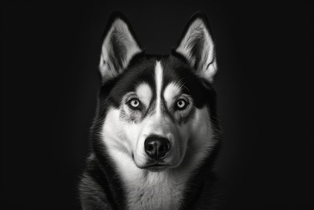 Mesmerizing black and white portrait of a Siberian Husky with an intense gaze, perfect for use in pet-themed projects, advertisements for animal care products, or artistic displays in homes and offices. This powerful image conveys loyalty and strength, making it a striking addition to pet or canine imagery collections.