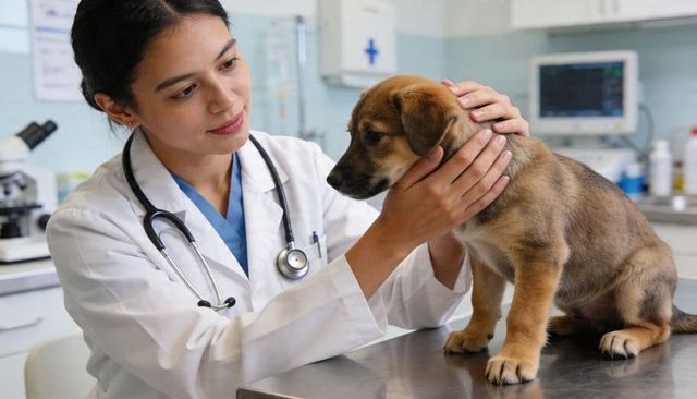 Veterinarian examining brown puppy on clinic exam table with stethoscope