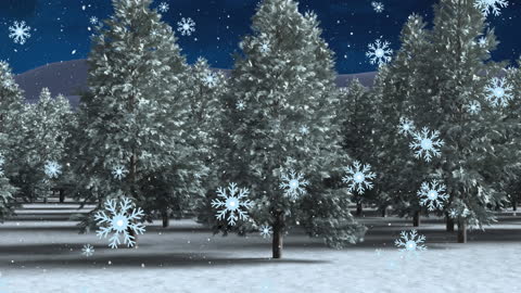 Winter Wonderland with Falling Snow Over Pine Forest