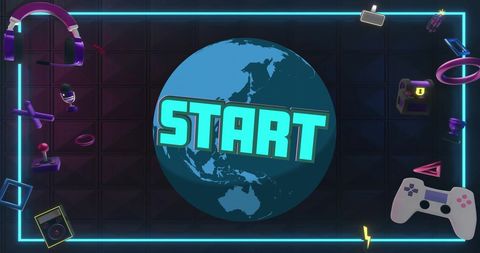 Gaming Icons with Start Text on Globe Retro Theme - Download Free Stock Images Pikwizard.com