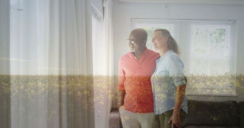 Mature Couple Enjoying Peaceful Home Environment with Serene Overlay