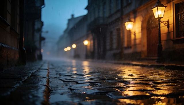 Glittering wet cobblestone street reflecting vintage lantern glow at night, misty alleyway