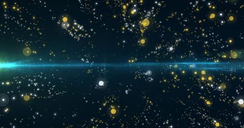 Cyan light streak across starfield with gold and white bokeh orbs futuristic background