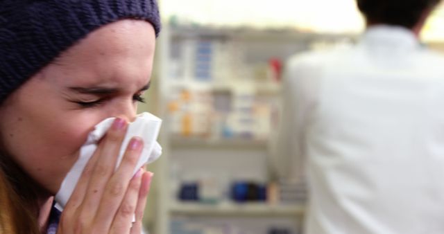 Young woman sneezing into tissue, likely experiencing cold or flu symptoms, inside busy pharmacy with blurred pharmacist in background. Useful for illustrating healthcare, illness, cold and flu season, and pharmacy services.