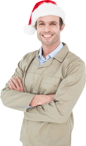 Smiling Delivery Man Wearing Santa Hat Transparent Background