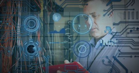 Technician Analyzing Digital Interface in Data Center with Futuristic Overlay - Download Free Stock Images Pikwizard.com
