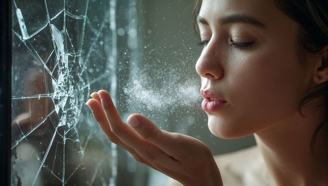 Asian woman blowing powder toward cracked window closeup portrait with dust particles
