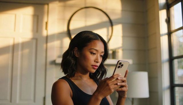 Young woman checking smartphone in sunlit minimalist room with round mirror and warm glow