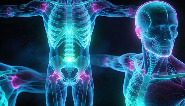 Displaying translucent 3d human anatomy highlighting spine, ribcage, pelvis, hip joints